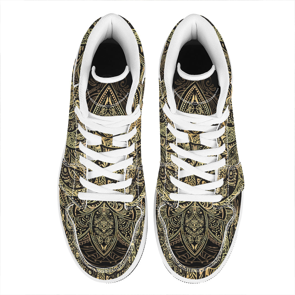 Gold Om Lotus Print High Top Leather Sneakers