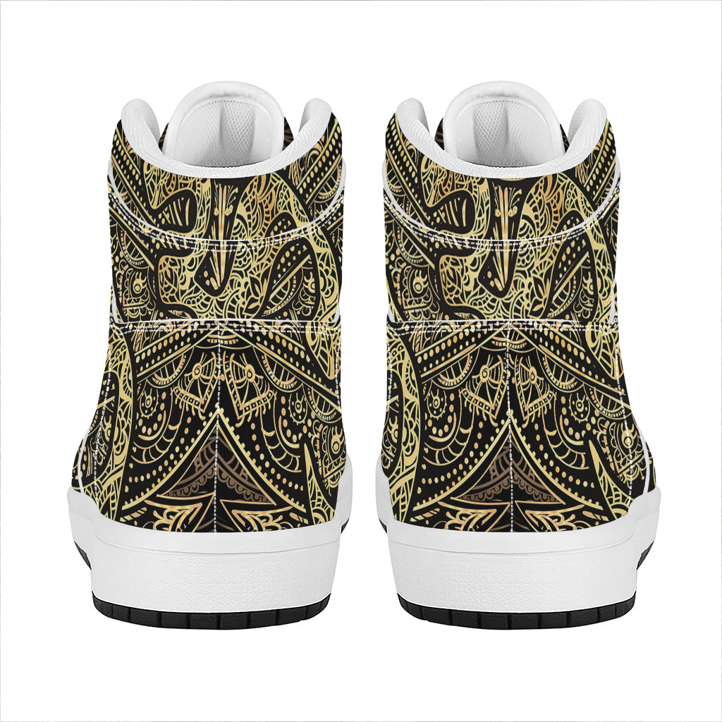 Gold Om Lotus Print High Top Leather Sneakers