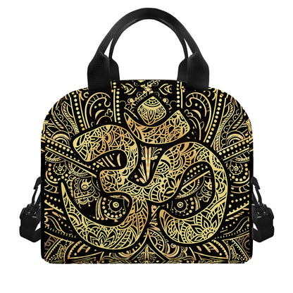 Gold Om Lotus Print Insulated Lunch Bag