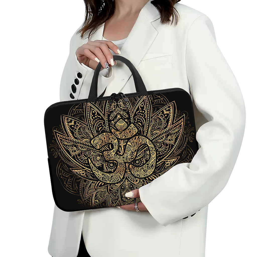Gold Om Lotus Print Laptop Sleeve With Handle