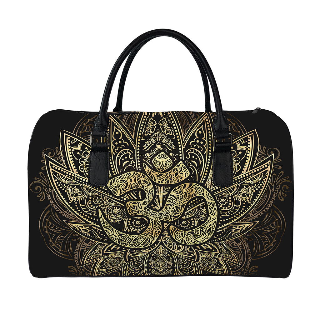 Gold Om Lotus Print Leather Duffle Bag