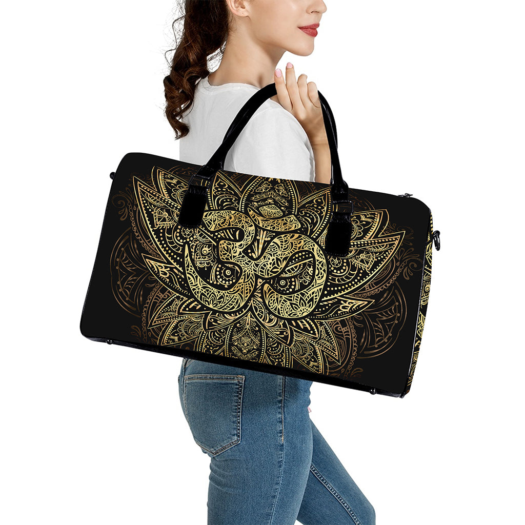 Gold Om Lotus Print Leather Duffle Bag