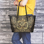 Gold Om Lotus Print Leather Tote Bag