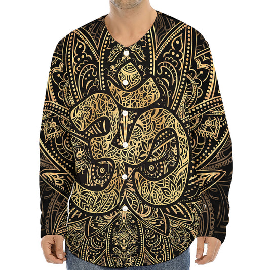 Gold Om Lotus Print Long Sleeve Baseball Jersey