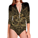 Gold Om Lotus Print Long Sleeve Swimsuit