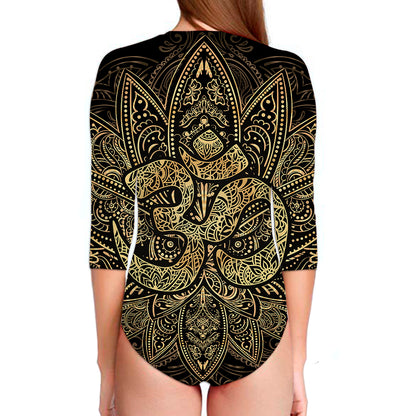 Gold Om Lotus Print Long Sleeve Swimsuit
