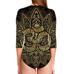 Gold Om Lotus Print Long Sleeve Swimsuit