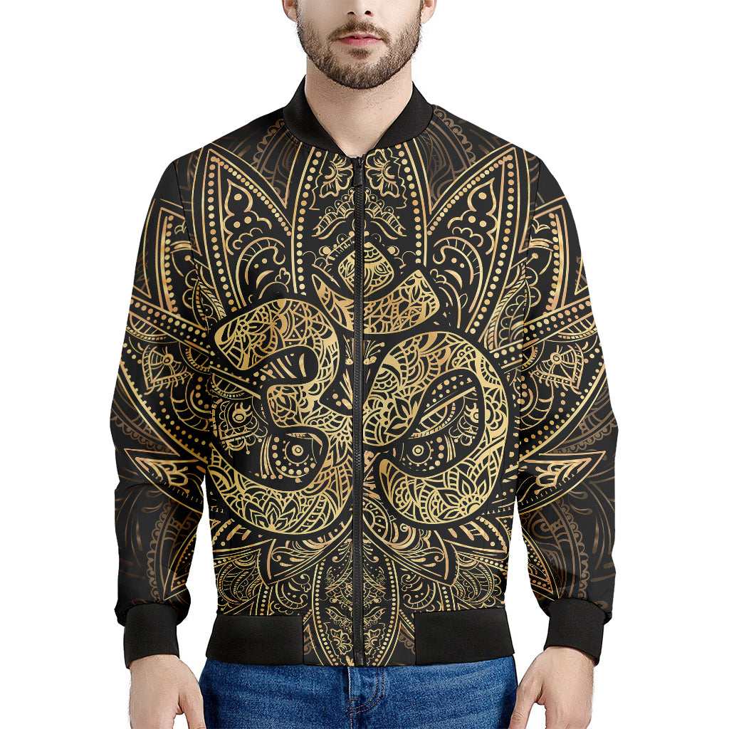 Gold Om Lotus Print Men's Bomber Jacket