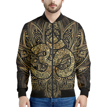 Gold Om Lotus Print Men's Bomber Jacket