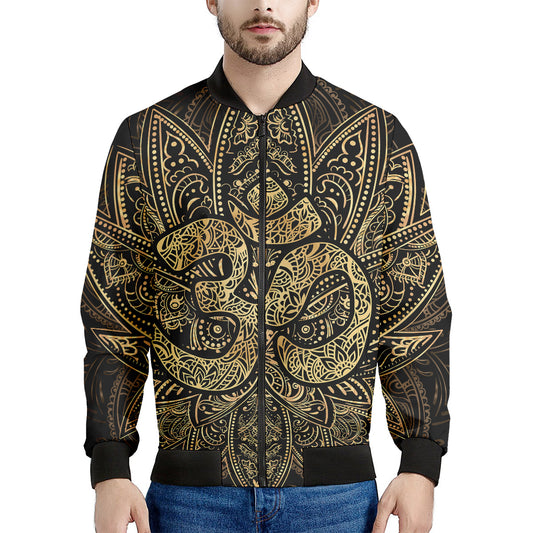 Gold Om Lotus Print Men's Bomber Jacket