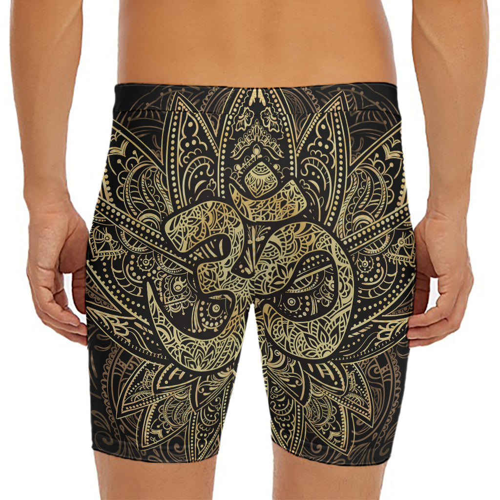 Gold Om Lotus Print Men's Long Boxer Briefs