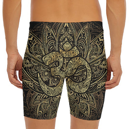 Gold Om Lotus Print Men's Long Boxer Briefs