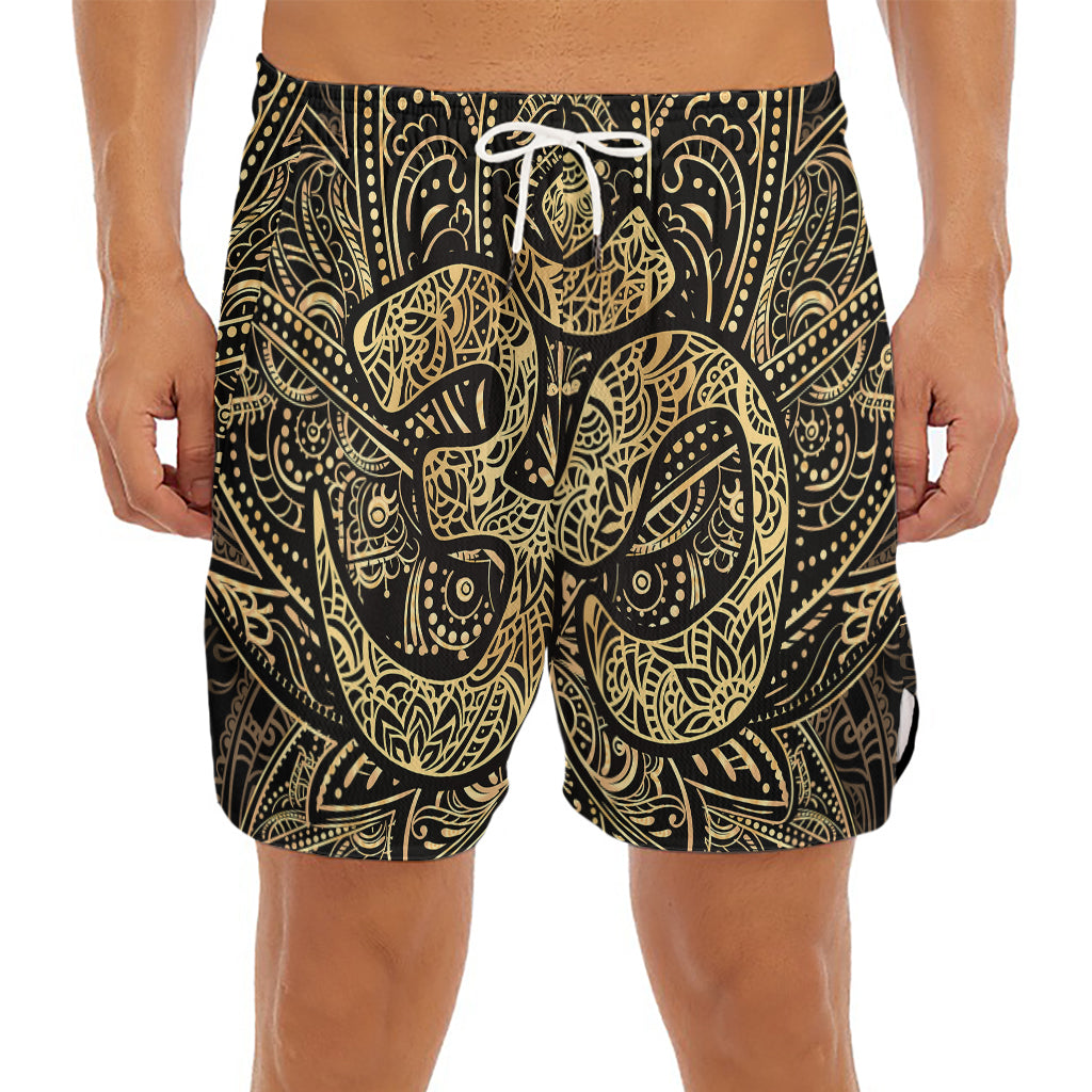Gold Om Lotus Print Men's Split Running Shorts