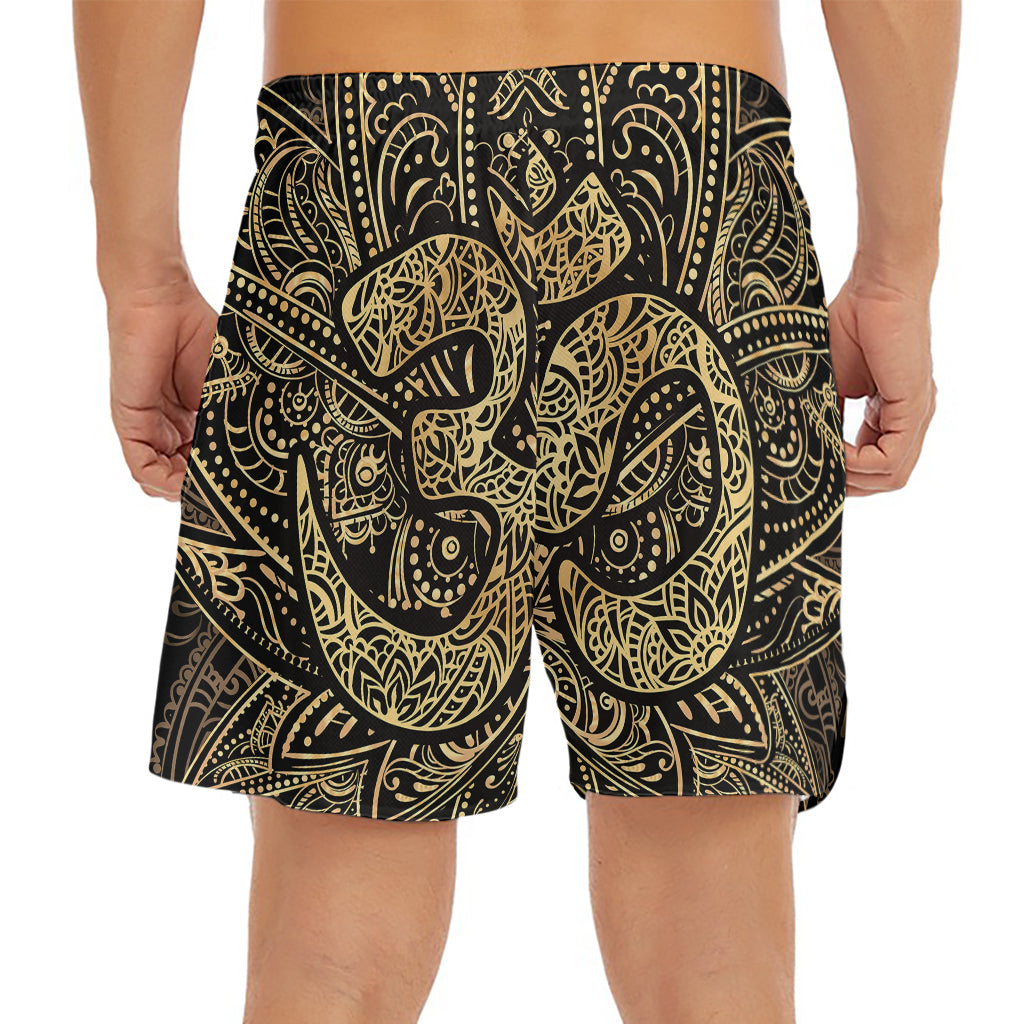 Gold Om Lotus Print Men's Split Running Shorts