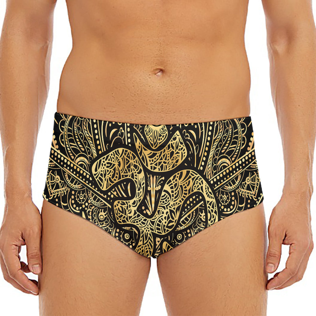 Gold Om Lotus Print Men's Triangle Swim Briefs
