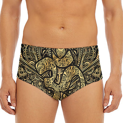 Gold Om Lotus Print Men's Triangle Swim Briefs