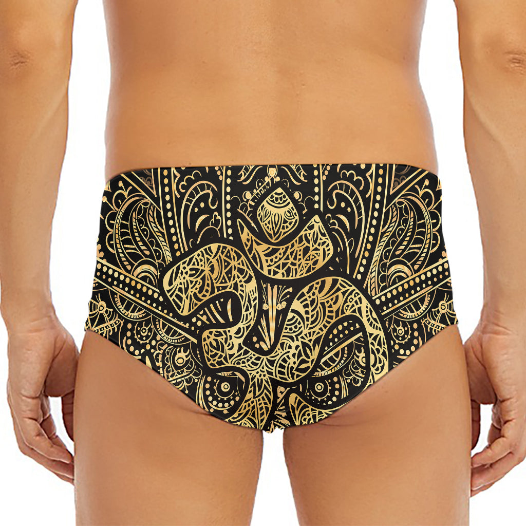 Gold Om Lotus Print Men's Triangle Swim Briefs
