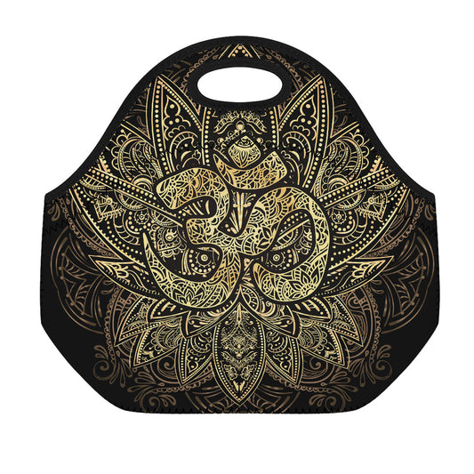 Gold Om Lotus Print Neoprene Lunch Bag