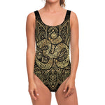 Gold Om Lotus Print One Piece Swimsuit