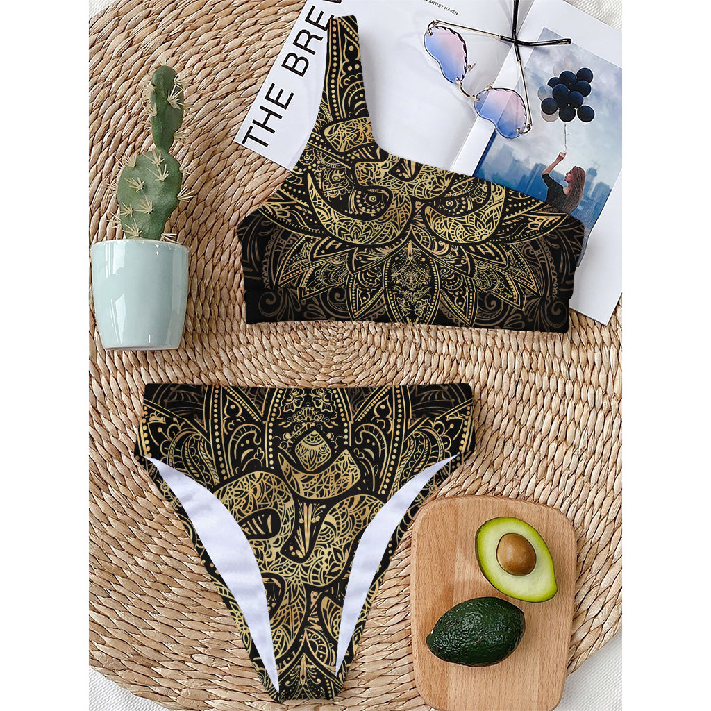 Gold Om Lotus Print One Shoulder Bikini Top