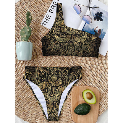 Gold Om Lotus Print One Shoulder Bikini Top