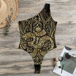 Gold Om Lotus Print One Shoulder Bodysuit