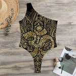 Gold Om Lotus Print One Shoulder Bodysuit