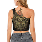 Gold Om Lotus Print One Shoulder Crop Top