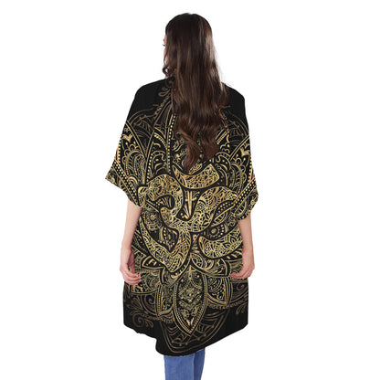 Gold Om Lotus Print Open Front Beach Cover Up
