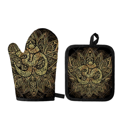 Gold Om Lotus Print Oven Mitt And Pot Holder Set