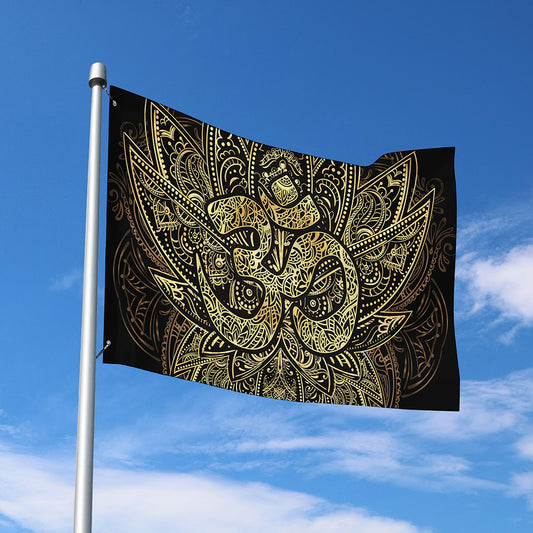 Gold Om Lotus Print Polyester Flag