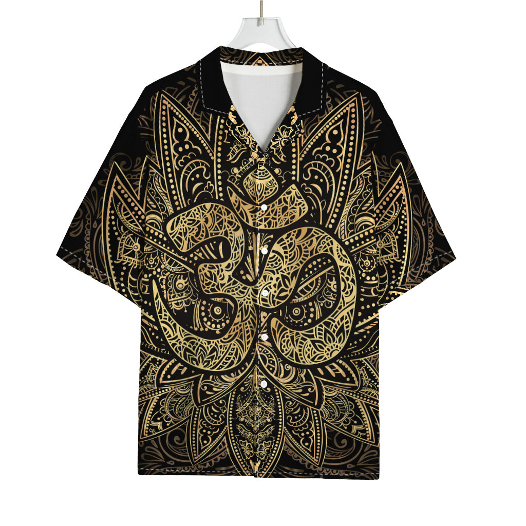 Gold Om Lotus Print Rayon Hawaiian Shirt