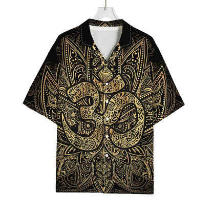 Gold Om Lotus Print Rayon Hawaiian Shirt