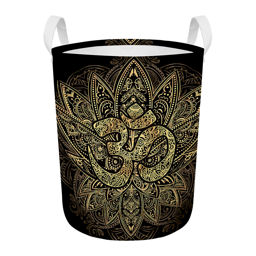 Gold Om Lotus Print Round Laundry Basket