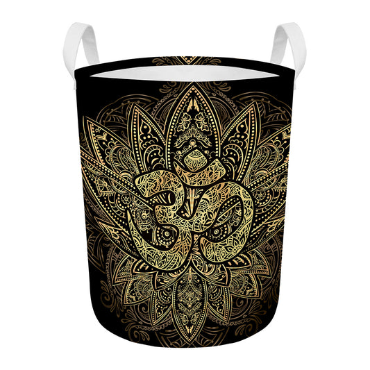 Gold Om Lotus Print Round Laundry Basket