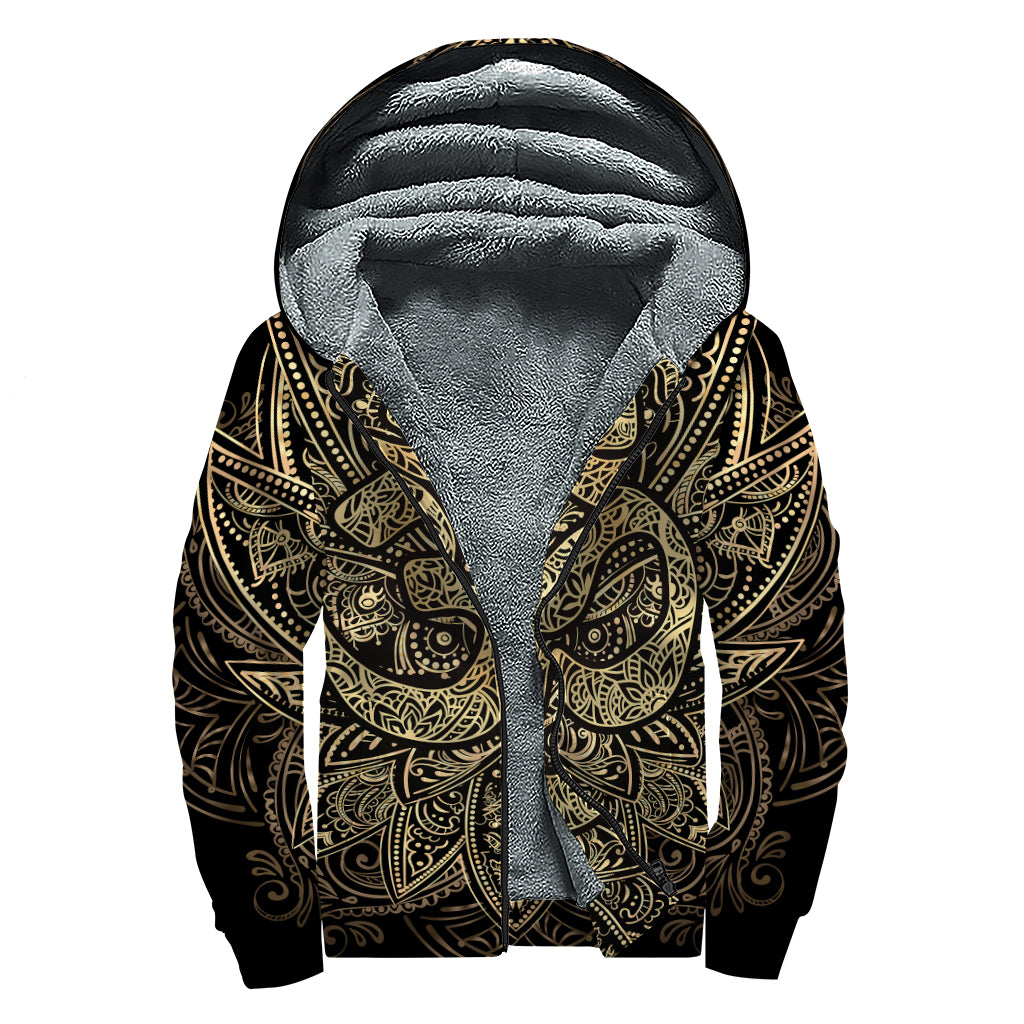 Gold Om Lotus Print Sherpa Lined Zip Up Hoodie