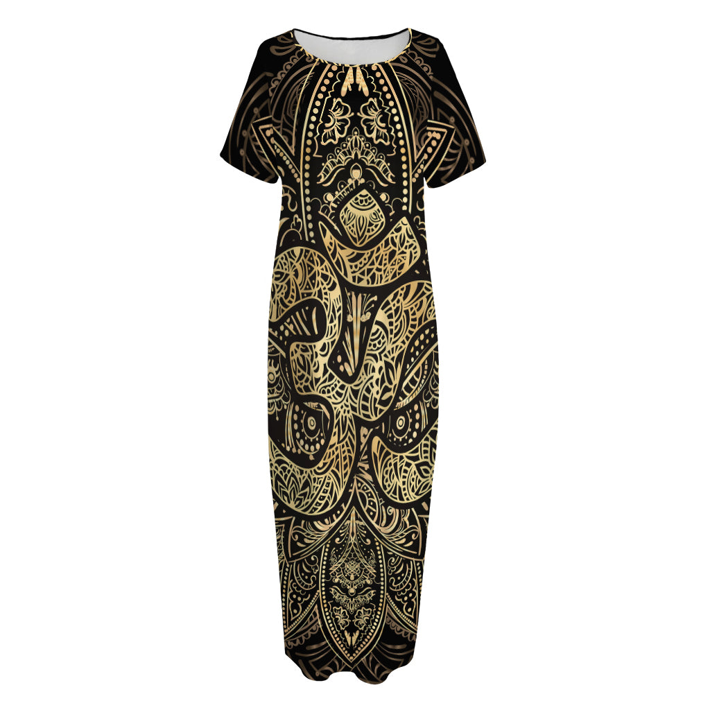 Gold Om Lotus Print Short Sleeve Long Nightdress