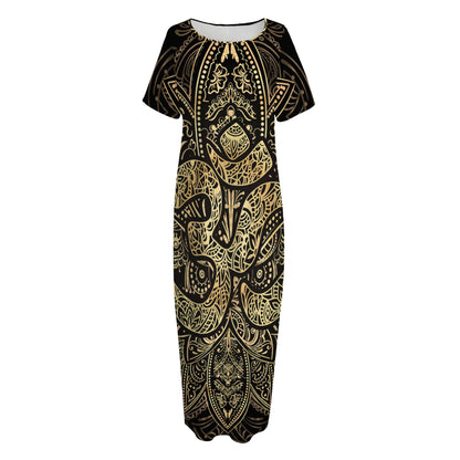 Gold Om Lotus Print Short Sleeve Long Nightdress