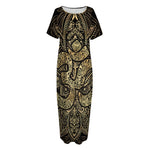 Gold Om Lotus Print Short Sleeve Long Nightdress