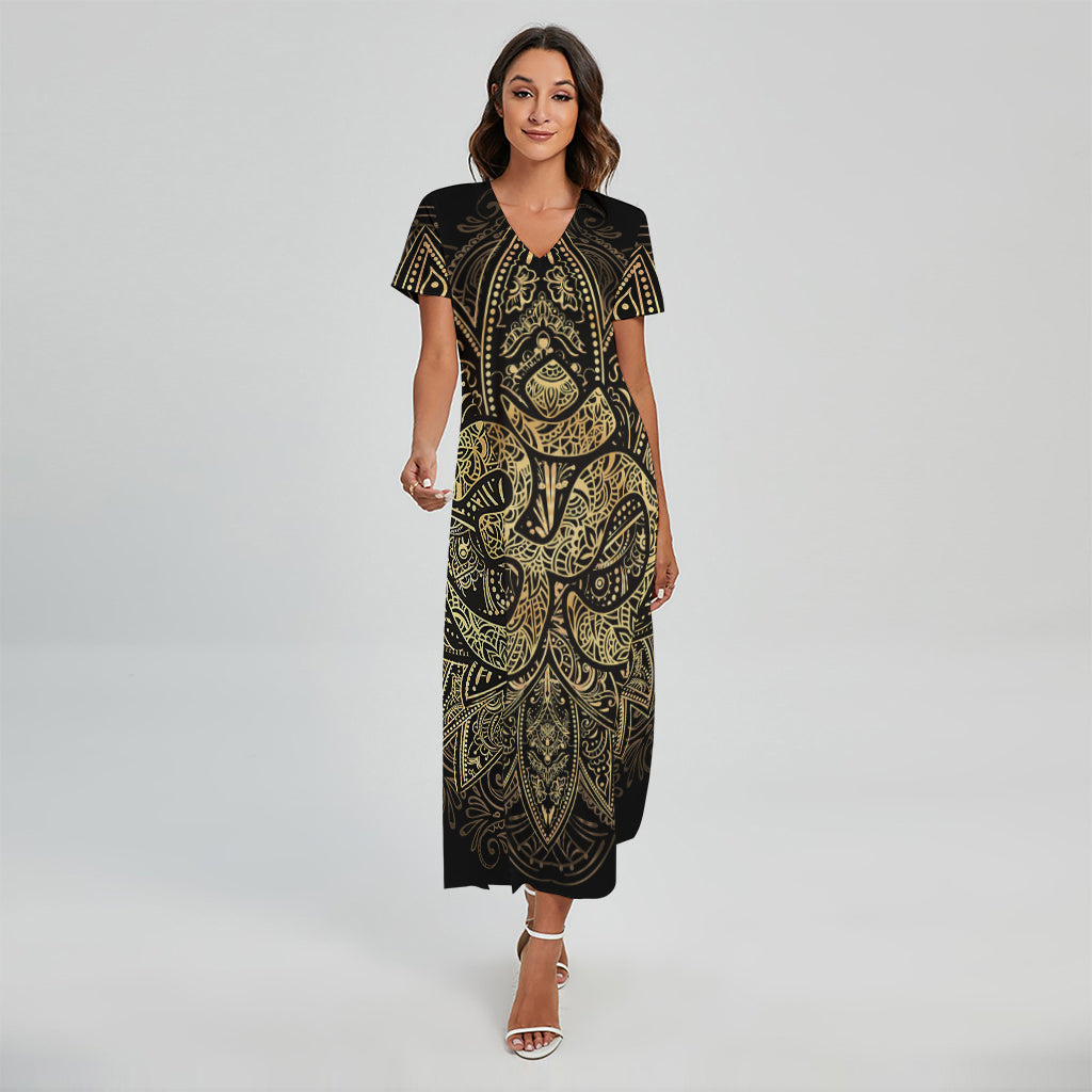 Gold Om Lotus Print Short Sleeve Maxi Dress