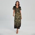 Gold Om Lotus Print Short Sleeve Maxi Dress