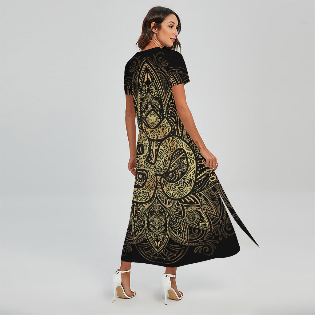 Gold Om Lotus Print Short Sleeve Maxi Dress