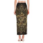Gold Om Lotus Print Side Slit Maxi Skirt