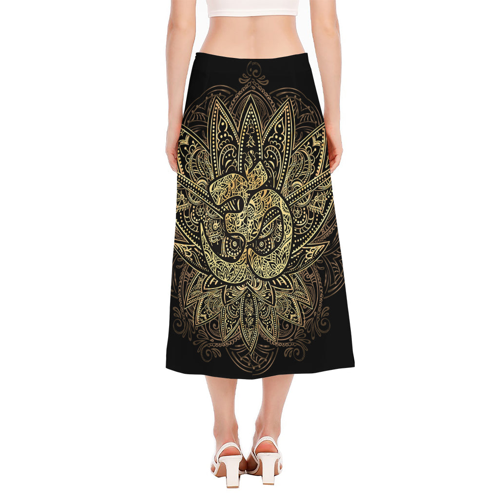 Gold Om Lotus Print Side Slit Midi Skirt