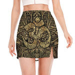 Gold Om Lotus Print Side Slit Mini Skirt