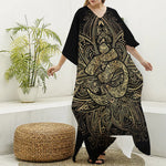 Gold Om Lotus Print Silk V-Neck Kaftan Dress