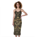 Gold Om Lotus Print Slim Fit Midi Cami Dress