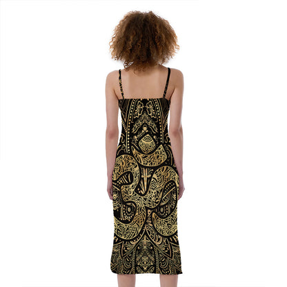 Gold Om Lotus Print Slim Fit Midi Cami Dress