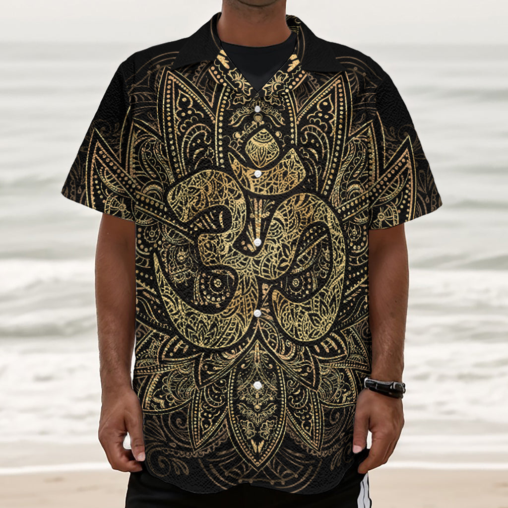 Gold Om Lotus Print Textured Short Sleeve Shirt