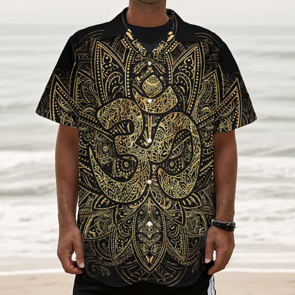 Gold Om Lotus Print Textured Short Sleeve Shirt